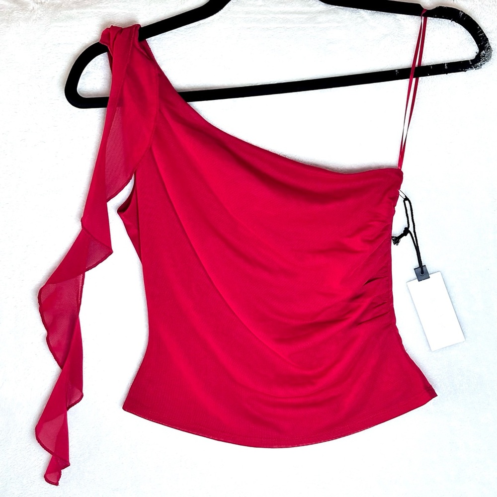 ASTR The Label Ruffle One-shoulder Mesh Top In Red - Size XS
